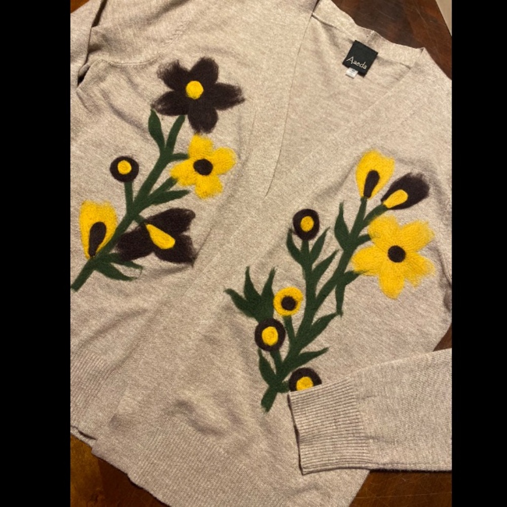 Aaeda Floral Appliqué Cardigan - Beige with Yellow & Green